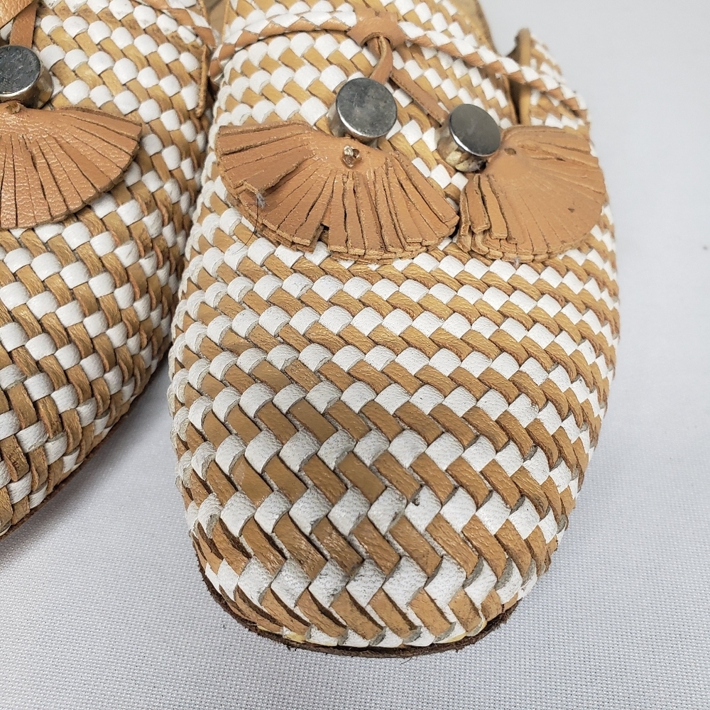 Franco Cuadra Chic Woven Tan and White Mules Casual Tassel - Picture 4 of 10